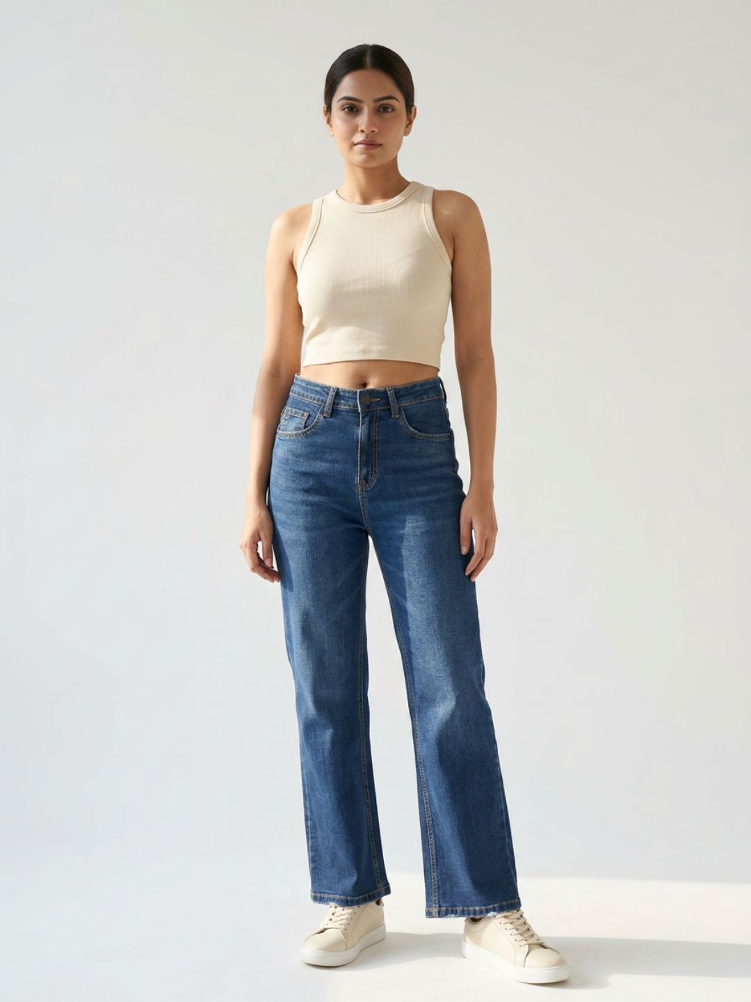 Straight-Fit High-Rise Dark Blue Denim with Frayed Detailing