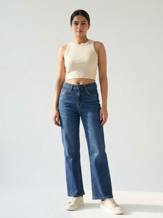 Straight-Fit High-Rise Dark Blue Denim with Frayed Detailing