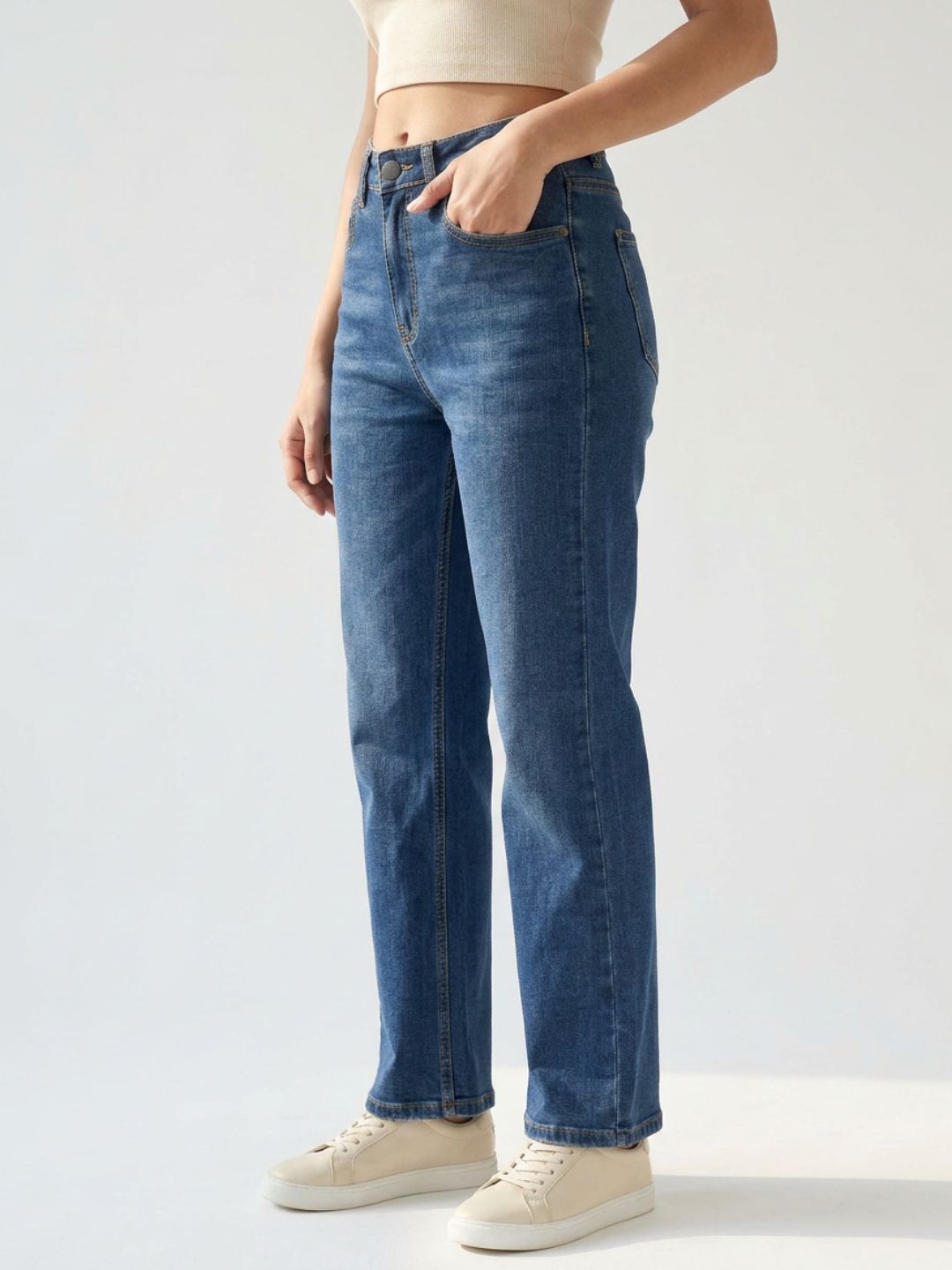 Straight-Fit High-Rise Dark Blue Denim with Frayed Detailing