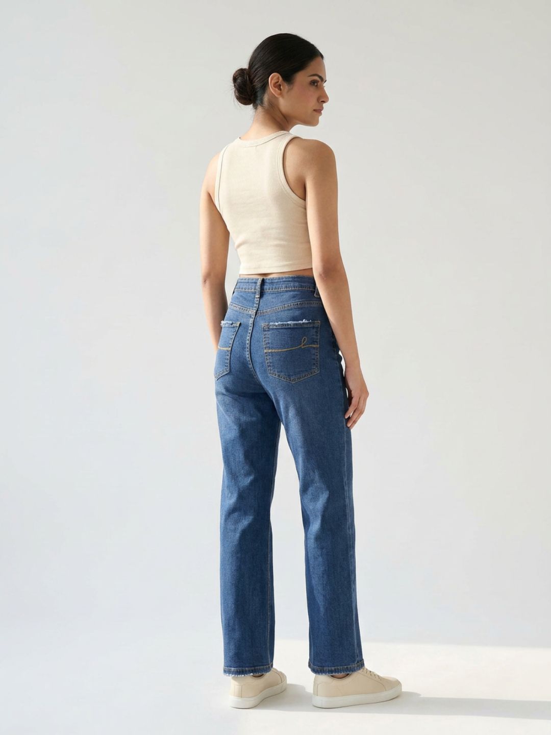 Straight-Fit High-Rise Dark Blue Denim with Frayed Detailing