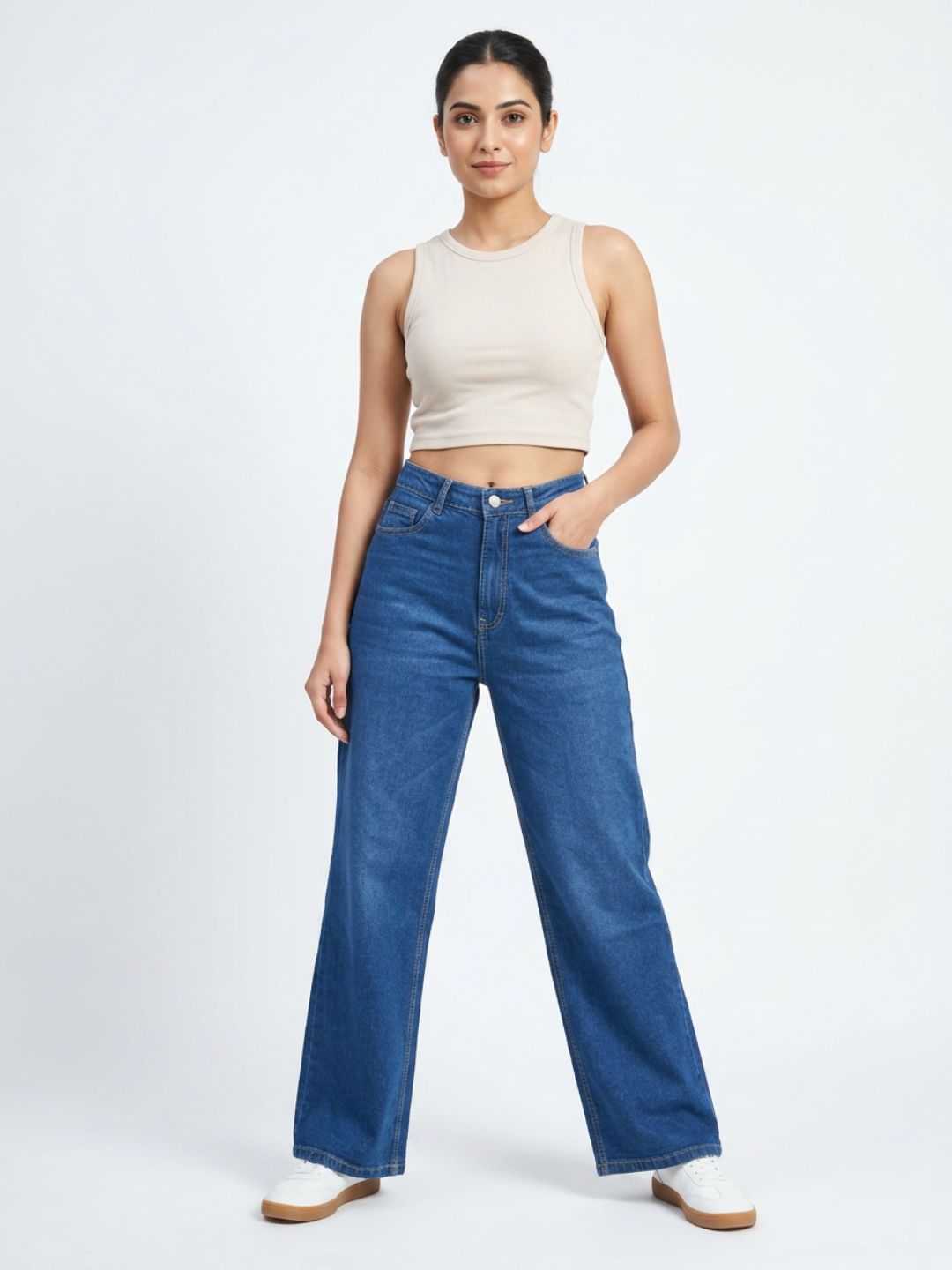 High-Rise Wide-Leg Washed Blue Denim