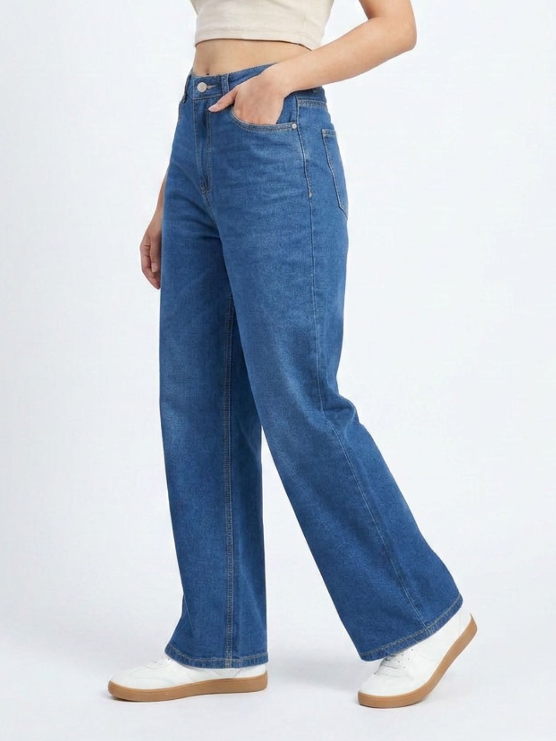 High-Rise Wide-Leg Washed Blue Denim