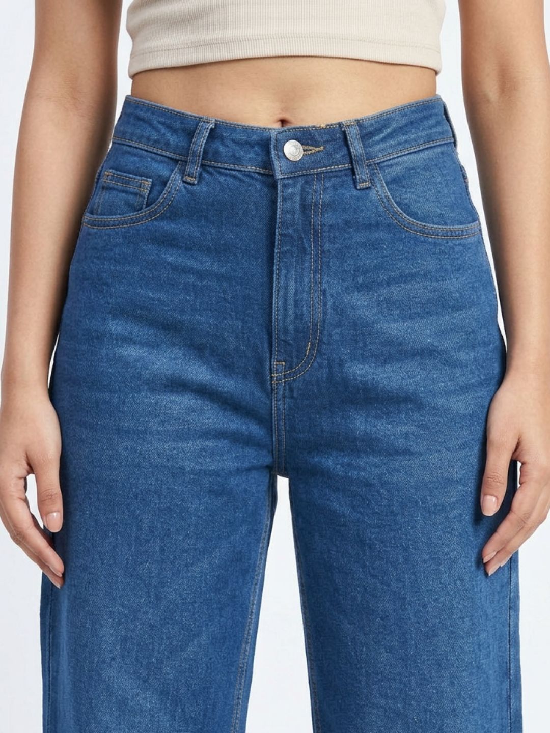 High-Rise Wide-Leg Washed Blue Denim