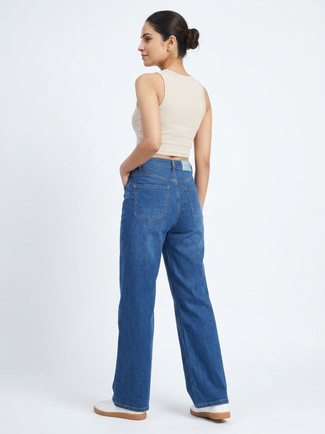 High-Rise Wide-Leg Washed Blue Denim